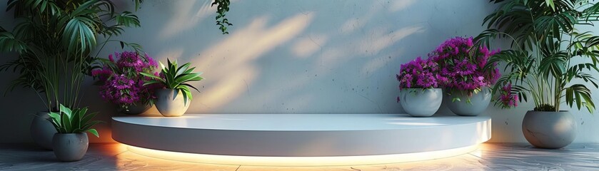 Minimalist blank mockup podium in highgloss white with concealed LED lighting, perfect for showcasing cuttingedge gadgets or modern art pieces