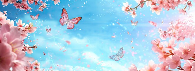 Beautiful spring cherry blossoms background, butterflies, created with AI