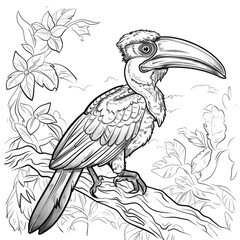 Naklejka premium The image is a line drawing of a toucan, a tropical bird with a large, colorful beak