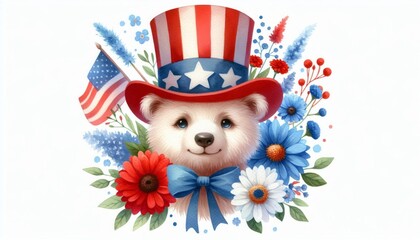 Bear 4th July Watercolor Animal Patriotic with American Flag Celebration USA (United State) Art Cute Cartoon For Independence Day Memorial Day Clip Art