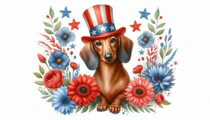 Naklejka premium Dachshund Dog 4th July Watercolor Animal Patriotic with American Flag Celebration USA (United State) Art Cute Cartoon For Independence Day Memorial Day Clip Art