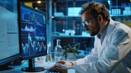 Portrait focused male scientist analyzing complex data monitor in laboratory setting. Data charts, graphs indicate deep dive statistical analysis, emphasizing critical role data scientific discoveries