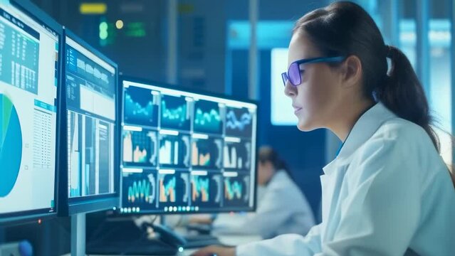 Female data scientist examining complex data sets on large monitors in high-tech laboratory. It emphasizes role of women in STEM fields, focusing on data interpretation and decision-making processes