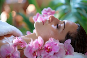 Obraz premium A woman is laying on a bed with a bunch of pink flowers on her head