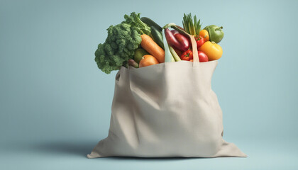vegetables and fruits in a cloth shopping bag on a light blue background, copy space for text. 