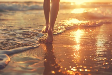 A woman is walking on the beach at sunset