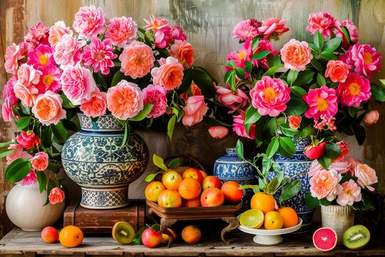 Colorful and vibrant still life image of pink peonies in traditional vases with fresh fruit arrangements on a textured wooden backdrop.