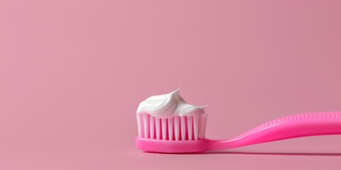 A pink toothbrush with a white toothpaste on it
