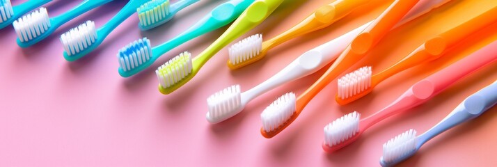 Obraz premium A row of colorful toothbrushes on a pink background
