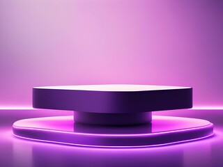Empty  sparkling podium  purple stage for product presentation With neon light. Podium for digital product presentation. Blank display, stage or podium for show product. Pedestal in 3d tech products.