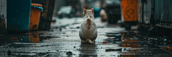 A cat is sitting on a wet sidewalk in the rain - Powered by Adobe