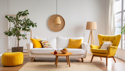 minimal living room interior with cozy beige couch, modern minimalist design of apartment.