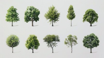 Tree Gallery: Different tree types presented individually on a white
