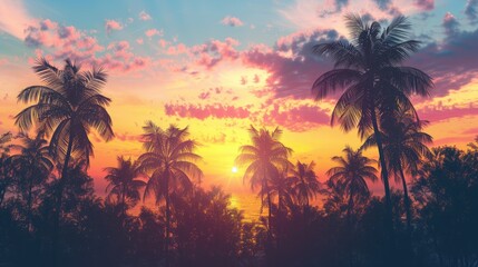Tropical Paradise: Exotic trees against a vibrant sunset sky.