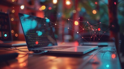 Web of Knowledge: Laptop surrounded by interconnected information nodes.