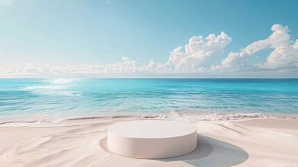 Obraz premium Serene Island Beach Product Showcase Podium with Blue Sea and White Sands in Sunlight