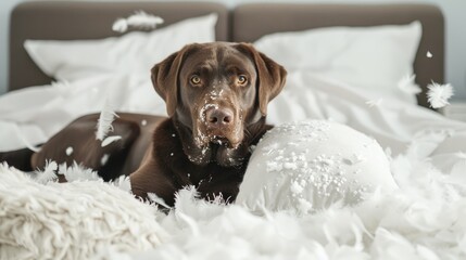 A chocolate Labrador Retriever poses proudly next to a pile of feathers after destroying a pillow. AIG51A.