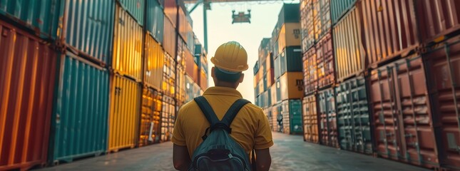 Business and technology digital future cargo logistics transportation import export concept, Engineer using radio communication working at industrial port, Container online checkin