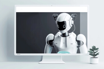 UX UI Web-Design Banner with Cute Cyber Robot Portrait on Dark Background with Place For Text
