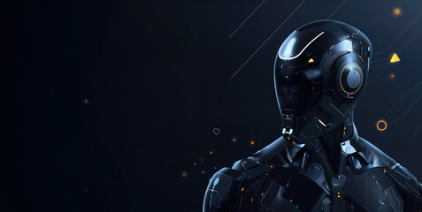 Black Cyber Robot Portrait on Dark Background with Place For Text