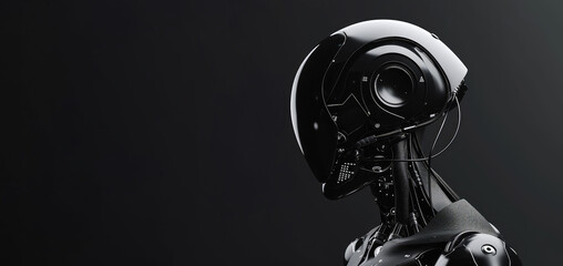 Black Cyber Robot Portrait on Dark Background with Place For Text