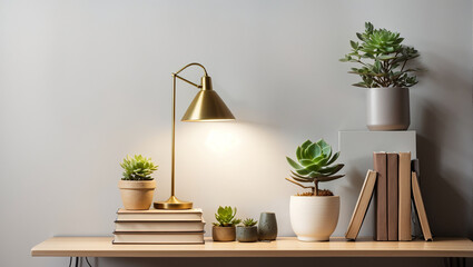 A green wall with a brass lamp on a stack of books next to a grouping of small plants in pots.

