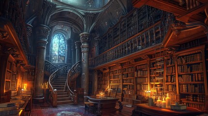 An ancient library with towering bookshelves, hidden alcoves, and magical glowing manuscripts. Resplendent.