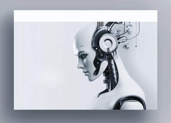 UX UI Web-Design Banner with Cute Cyber Robot Portrait on Dark Background with Place For Text