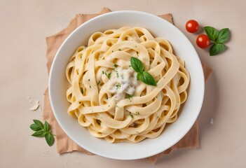 Bowl of fettucini alfredo with garnish isolated on transparent background, top-down view, view from above, delicious Italian pasta dish food for menu. generative ai