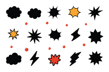 Set of hand drawn manga emotion effects. Markers drawing anime elements, including speech bubble, stars, arrows, fire. Vector