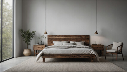 A rustic wooden bed frame stands tall against a stark white wall, Generative AI