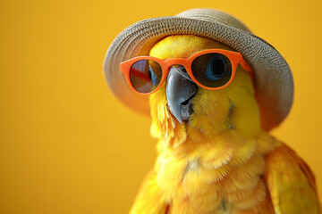 Fototapeta premium Yellow parrot with orange sunglasses and straw hat on yellow background with copy space for text. Selective focus. Summer vibes concept 