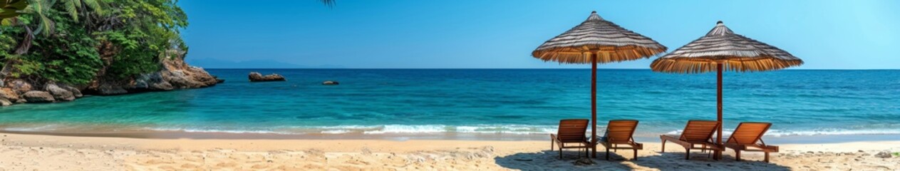 Two empty seats under palm leaf parasols stand on the beach with a beautiful blue sea in the background，Serene Beach Getaway - 4K Wallpaper Featuring Palm Leaf Umbrellas