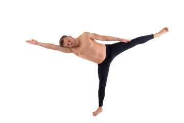 Sports and healthy lifestyle. An attractive man is doing yoga and pilates. White background.
