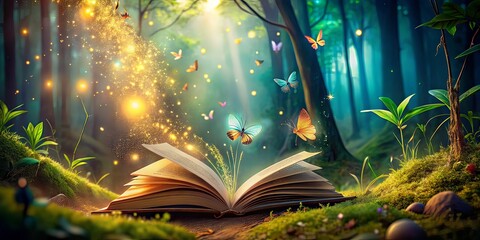 Open book with magic flying butterflies and bokeh lights on background. AI generated
