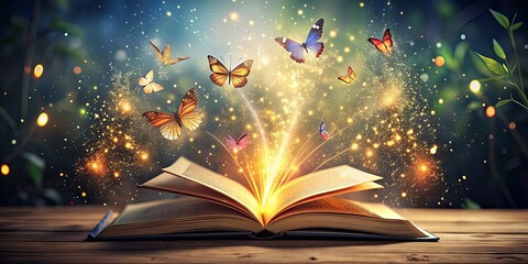 Open book with magic flying butterflies and bokeh lights on background. AI generated
