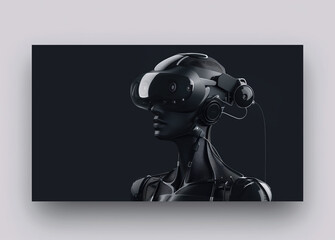 UX UI Web-Design Banner with Black Cyber Robot Portrait on Dark Background with Place For Text