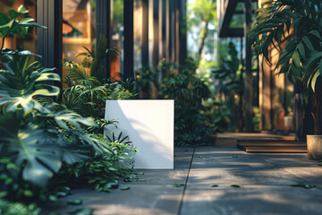 A mock-up of an empty sign with the name of a store, bar, cafe or restaurant. A mock-up of an elegant ebony plaque against a stylish wooden wall and leaves of climbing plants.