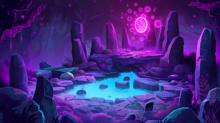 The Cartoon and realistic, stone battleground platform at night neon style look, Illustration