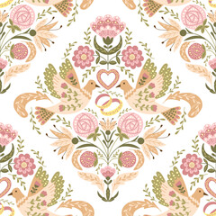 Vintage wedding seamless pattern with symmetrical square composition in folk floral style. Flat vector fantasy birds, flowers and rings in boho style and muted colors. Trendy print design for textile