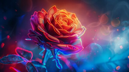 Neon rose glows mysteriously, illuminating the darkness with vibrant elegance