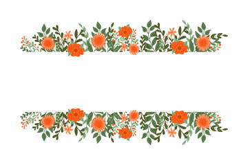 Floral horizontal background with copy space. Hand drawn flat abstract stylized simple flowers and branches. Botanical natural background isolated on white background.