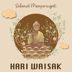 Vesak Day Creative Concept for Card or Banner. Vesak Day is a holy day for Buddhists. Happy Buddha Day with Siddhartha Gautama Statue Design Vector Illustration