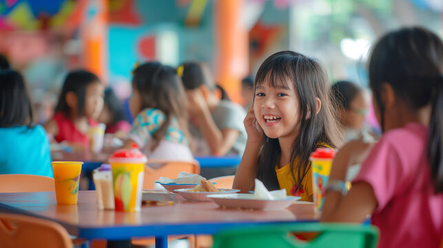 Children sit at tables chatting and laughing as they enjoy lunchtime with friends, swapping stories and sharing snacks amidst the lively atmosphere of camaraderie.