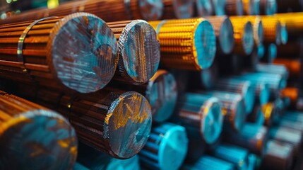 Fototapeta premium A detailed image of steel round bars stacked in rows in a warehouse, showcasing the precision and organization required for industrial construction projects 8K , high-resolution, ultra HD,up32K HD