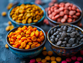 A bowl of dog food with different colors.