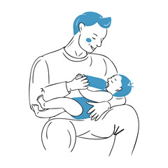 Contrast doodle drawing of father feeding newborn with bottle. Contour flat sketchy illustration isolated on white background. Vector health care and growing up concept for logo