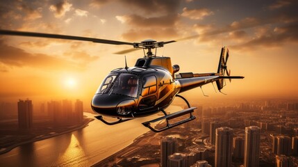 Helicopter on fly, taxi helicopter above financial district, helicopter charter. Helitaxi - obrazy, fototapety, plakaty
