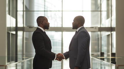 Against the backdrop of a sleek office environment, two businessmen stand facing each other, their hands clasped in a firm handshake, symbolizing the unity.