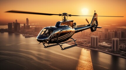 Helicopter on fly, taxi helicopter above financial district, helicopter charter. Helitaxi